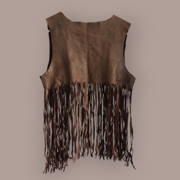 Women's Brown Faux Leather Western Cowboy Cowgirl Vest With Fringe Festival - Picture 6 of 8